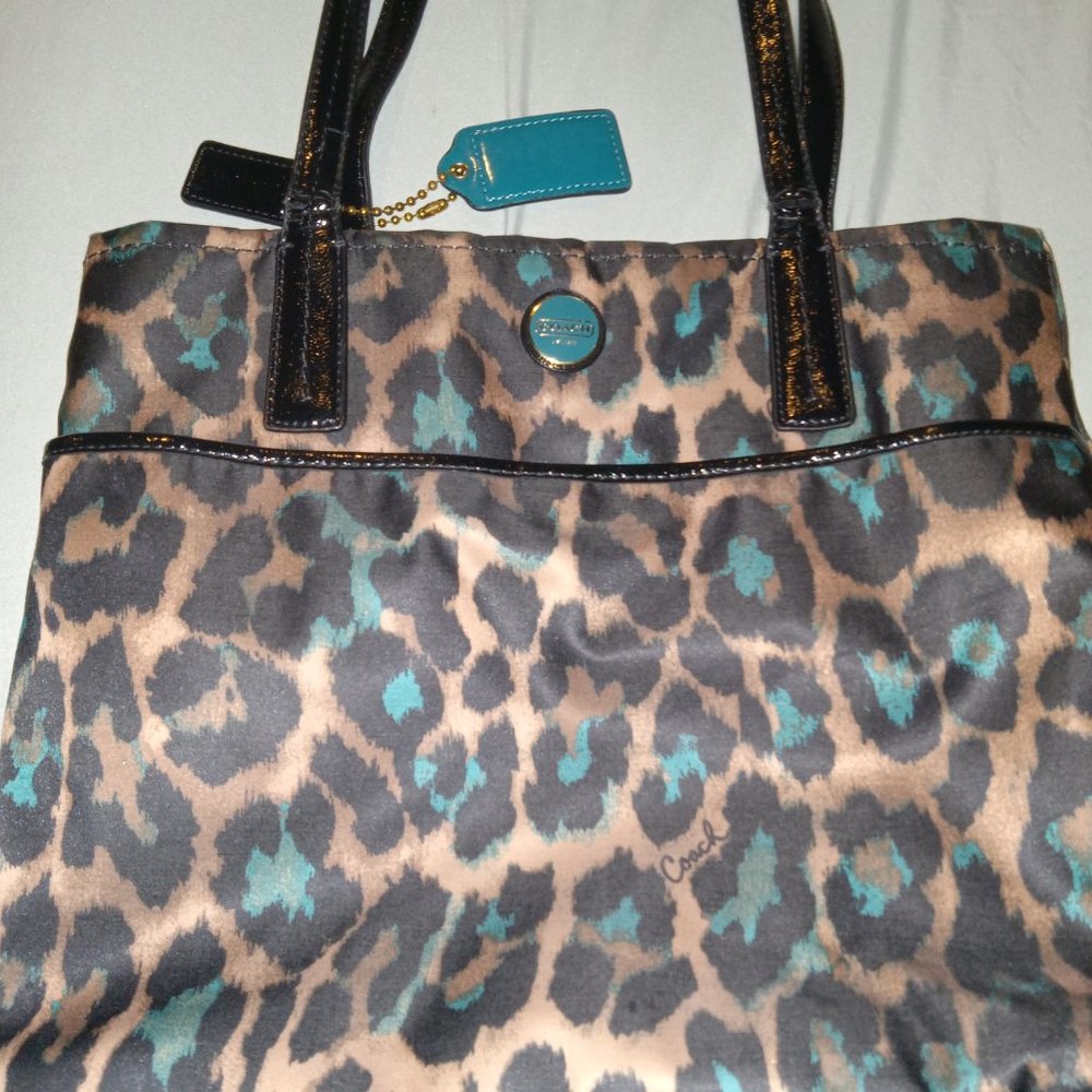 Coach Black & Teal Ocelot Signature Leopard Print Tote Coach